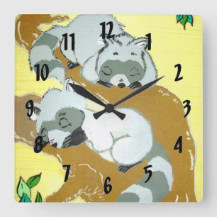 Baby Racoon Sleeping Square Wall Clock