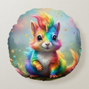 Baby Rainbow Coloured Unicorn Squirrel, Round Cushion
