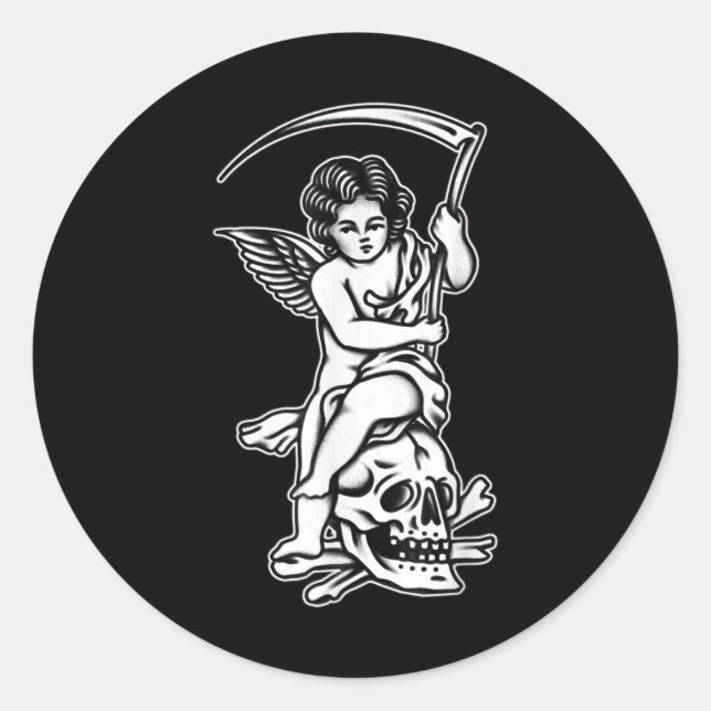 Baby Reaper Skull Scythe Blackwork Tattoo Flash  Classic Round Sticker (Front)