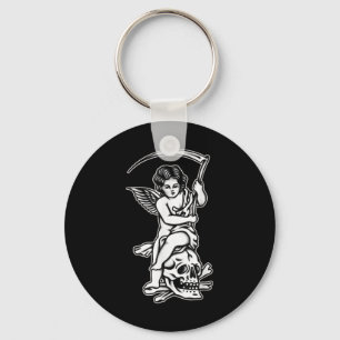 Baby Reaper Skull Scythe Blackwork Tattoo Flash Key Ring