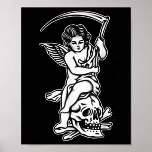 Baby Reaper Skull Scythe Blackwork Tattoo Flash Poster