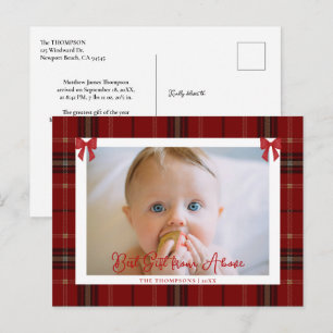 Baby Red Bow Elegant Plaid Tartan Photo Christmas Holiday Postcard