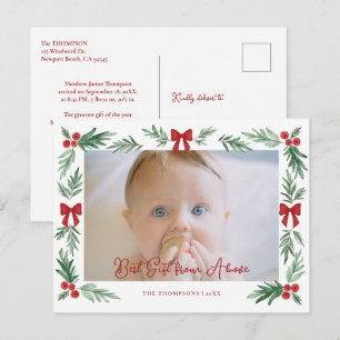 Baby Red Bows Botanical Watercolor Photo Christmas Holiday Postcard