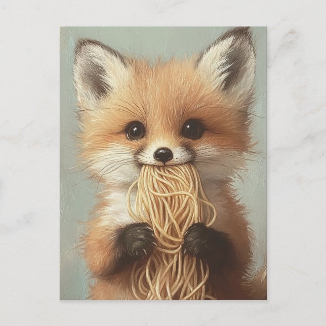 baby red fox eating spaghetti postcard (Front)