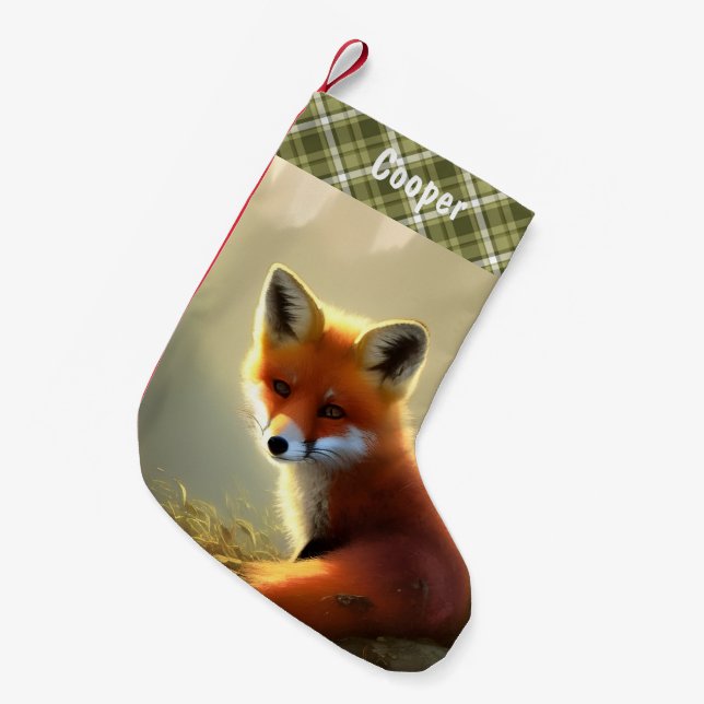 Baby Red Fox Wildlife Portrait Personalised  Small Christmas Stocking (Front (Hanging))
