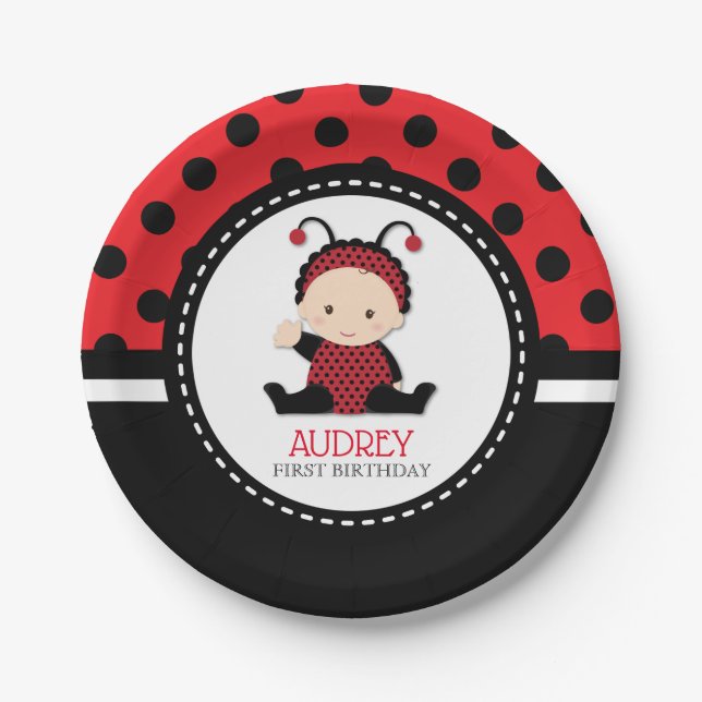 Baby Red Ladybug First Birthday Baby Shower Paper Plate (Front)