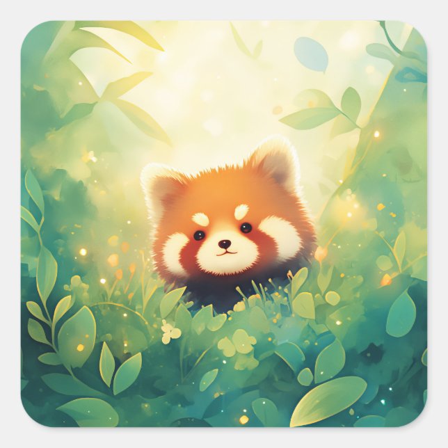 Baby Red Panda Peeking Through Green Forest Leaves Square Sticker (Front)