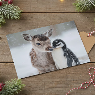 Baby Reindeer and Penguin Christmas Holiday Postcard