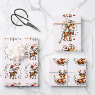 Baby Reindeer Tangled Lights Christmas Kids Wrapping Paper Sheet