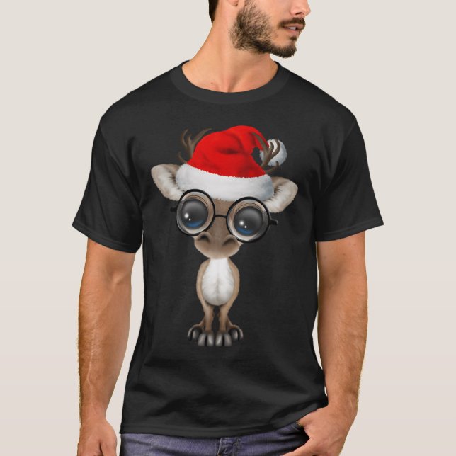 Baby Reindeer Wearing A Santa Hat And Glasses T-Shirt (Front)