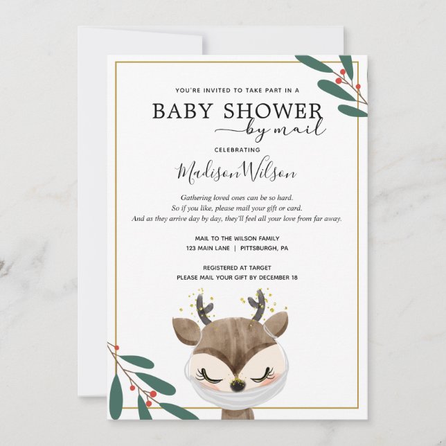 Baby Reindeer with Mask Baby Shower by Mail Invitation (Front)