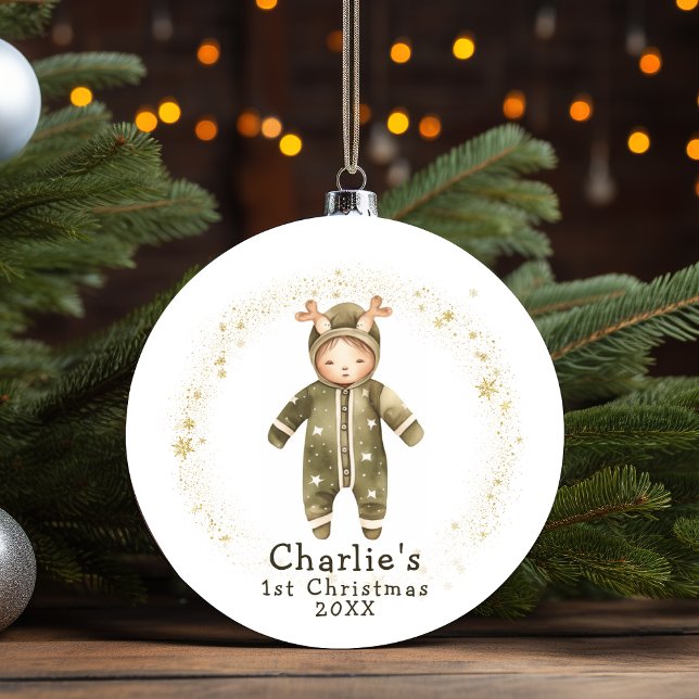 Baby ReindeerJumpsuit Baby's First Christmas Ceramic Tree Decoration (Baby ReindeerJumpsuit Baby's First Christmas Ceramic Ornament)