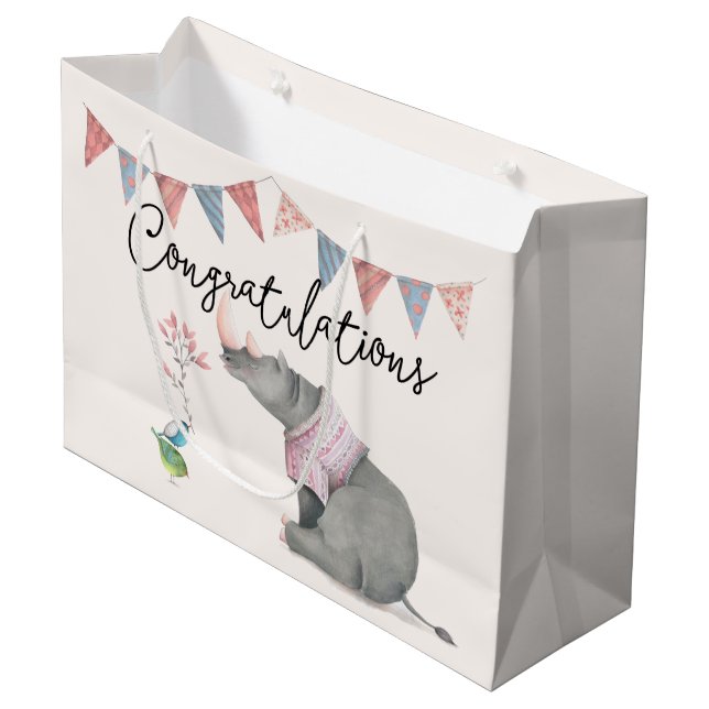 Baby Rhinoceros & Birdies Painted Girl Baby Large Gift Bag (Front Angled)