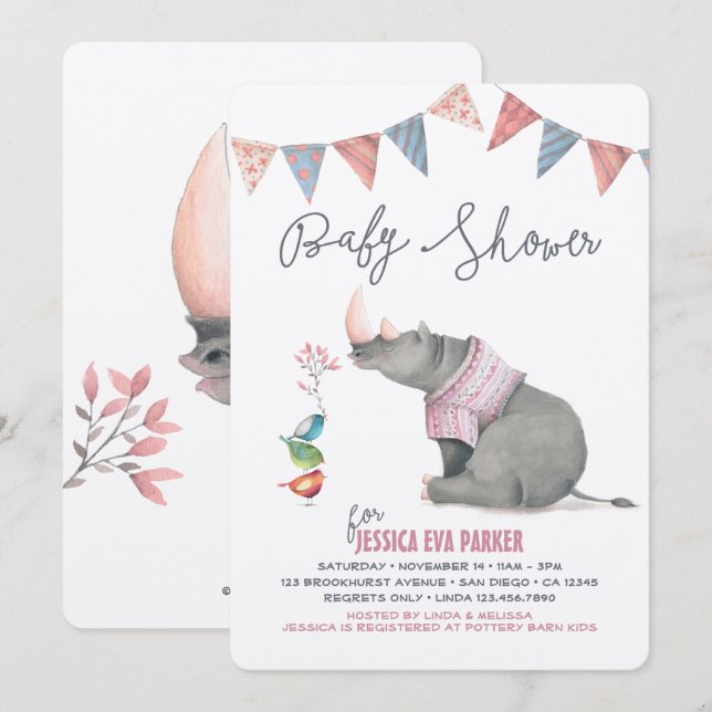 Baby Rhinoceros & Birdies Painted Girl Baby Shower Invitation (Front/Back)