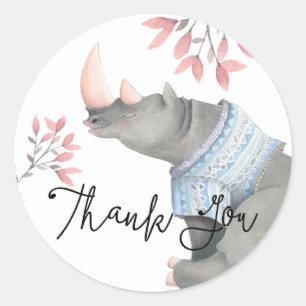 Baby Rhinoceros & Birdies Painted Thank You Classic Round Sticker
