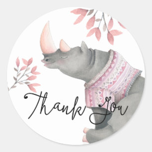Baby Rhinoceros & Birdies Painted Thank You Classic Round Sticker