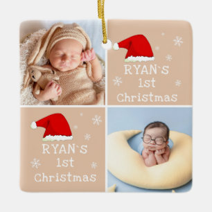 Baby`s 1st Christmas 2 Photos Santa Hat Snowflake Ceramic Ornament
