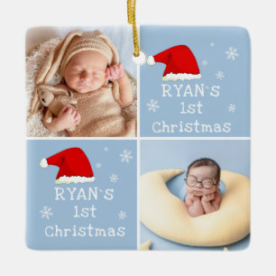 Baby`s 1st Christmas 2 Photos Santa Hat Snowflake Ceramic Ornament