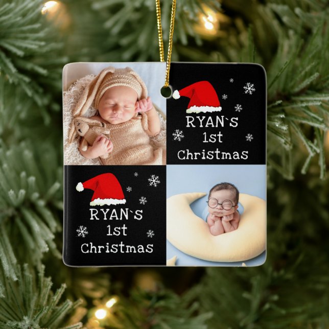 Baby`s 1st Christmas 2 Photos Santa Hat Snowflake Ceramic Ornament (Tree)