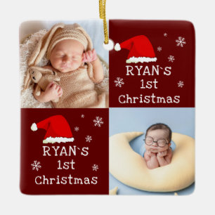 Baby`s 1st Christmas 2 Photos Santa Hat Snowflake Ceramic Ornament