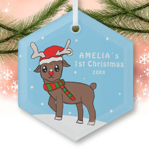 Baby`s 1st Christmas Cute Deer Drawing Snow Glass Tree Decoration