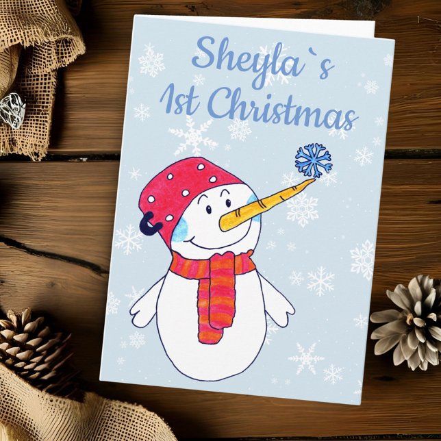 Baby˙s 1st Christmas Cute Snowman Snowflake Holiday Card (Creator Uploaded)