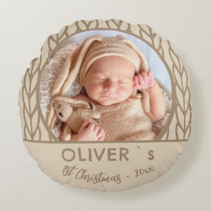 Baby`s 1st Christmas Knitting Photo Round Cushion