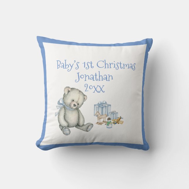Baby’s 1st Christmas Personalise Blue Cute Cushion (Front)