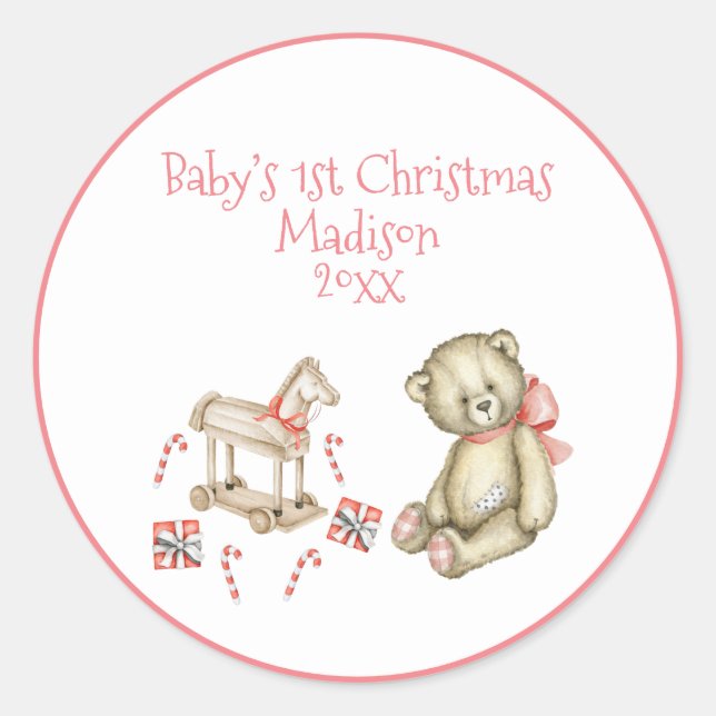 Baby’s 1st Christmas Personalised Pink Cute Classic Round Sticker (Front)