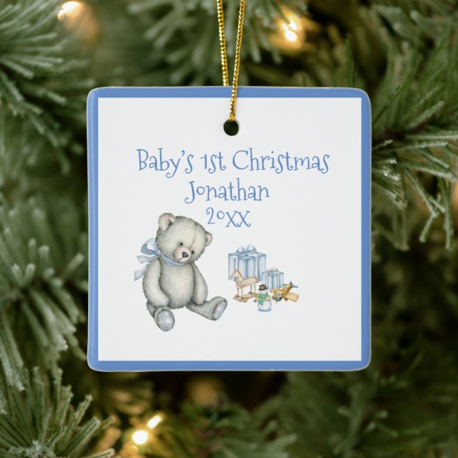 Baby’s 1st Christmas Personalize Blue Cute Baby Ceramic Ornament (Tree)
