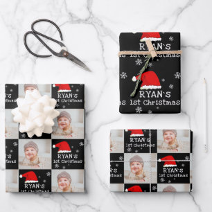 Baby`s 1st Christmas Photo Santa Hat Snowflake Wrapping Paper Sheet
