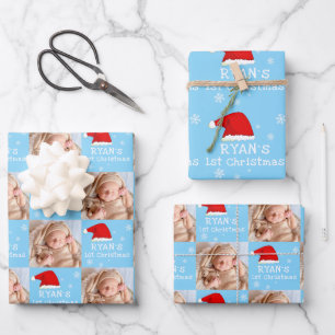 Baby`s 1st Christmas Photo Santa Hat Snowflake  Wrapping Paper Sheet