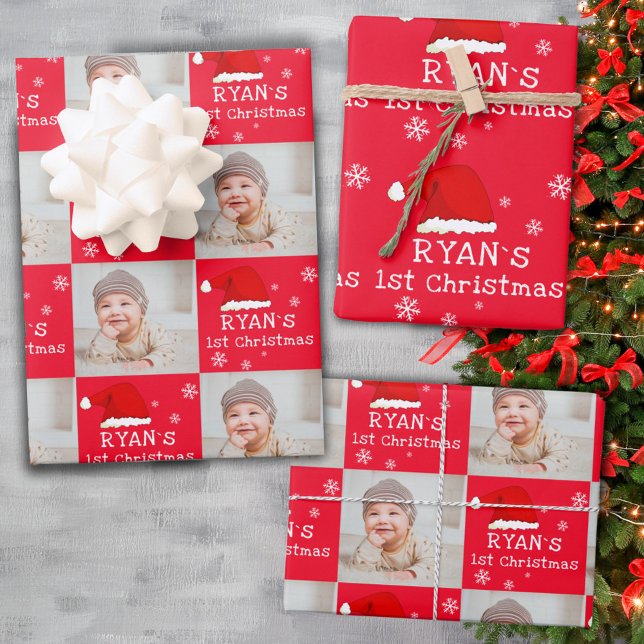 Baby`s 1st Christmas Photo Santa Hat Snowflake  Wrapping Paper Sheet (Creator Uploaded)