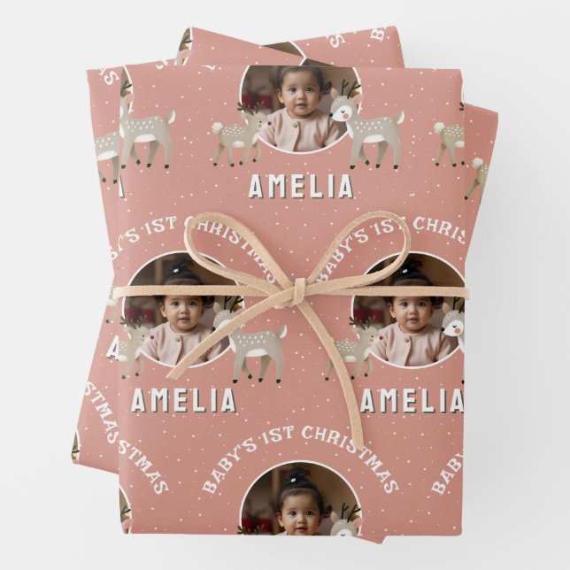 Baby’s 1st Christmas Reindeer Keepsake Photo Wrapping Paper Sheet (In situ)