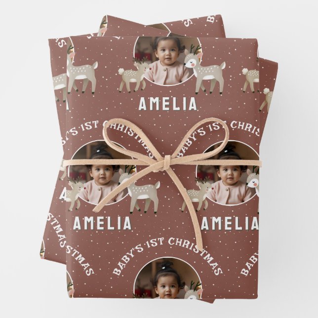 Baby’s 1st Christmas Reindeer Keepsake Photo Wrapping Paper Sheet (In situ)