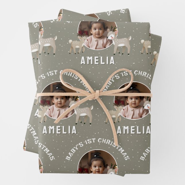 Baby’s 1st Christmas Reindeer Keepsake Photo Wrapping Paper Sheet (In situ)