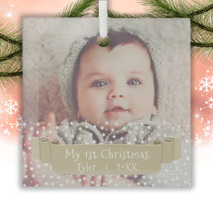 Baby`s 1st Christmas Stars Ribbon Photo Glass Tree Decoration