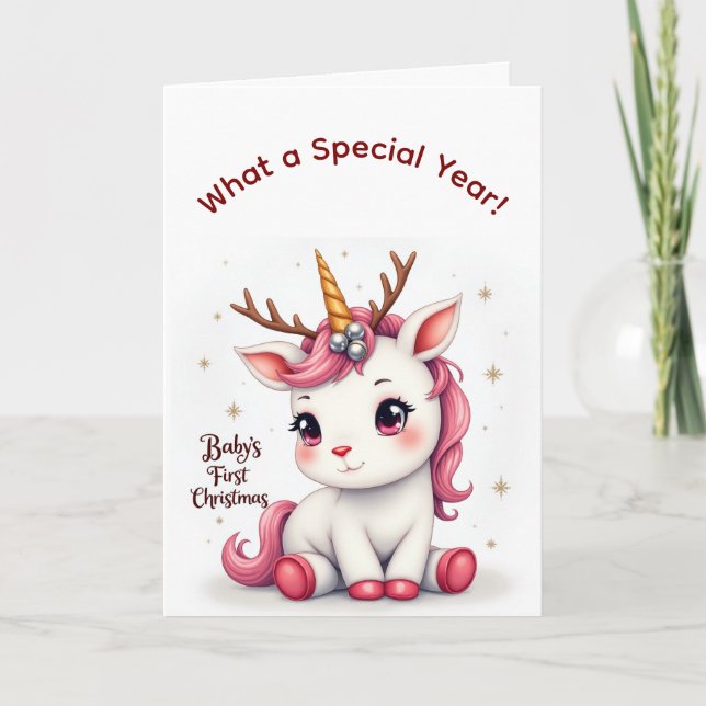 Baby’s First Christmas 2025 Unicorn Reindeer card (Front)