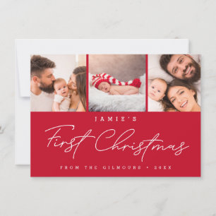 Baby’s First Christmas 3 Photo Collage Script RED Holiday Card
