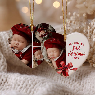 Baby’s First Christmas 4 Photo Watercolor Red Bow  Ceramic Tree Decoration
