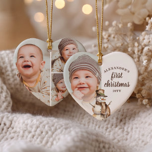 Baby’s First Christmas 4 Photo Watercolor Snowman  Ceramic Tree Decoration