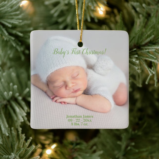 Baby’s First Christmas Birth Stats Ceramic Ornament (Tree)