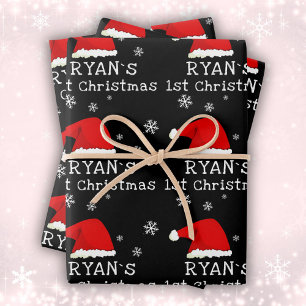 Baby`s First Christmas Black Santa Hat Snowflake  Wrapping Paper Sheet