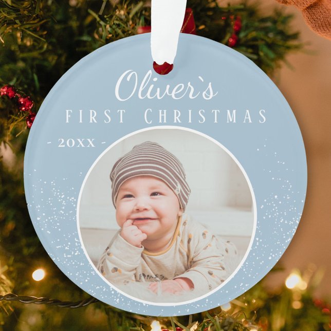 Baby`s First Christmas Blue Baby Boy Photo Ornament (Creator Uploaded)