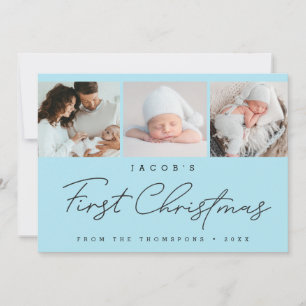 Baby’s First Christmas Blue Photo Collage Modern Holiday Card