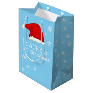 Baby`s First Christmas Blue Santa Hat Snowflake Medium Gift Bag