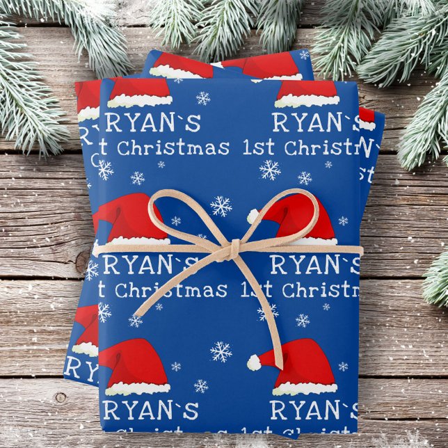 Baby`s First Christmas Blue Santa Hat Snowflake Wrapping Paper Sheet (Creator Uploaded)