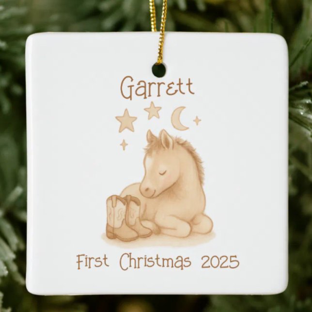 Baby’s First Christmas Cowboy Boots & Foal Ceramic Ornament (Sweet western style baby's first christmas ornament)
