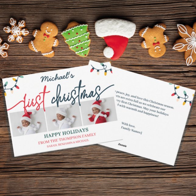 Baby’s First Christmas Custom 3 Photo Modern Holiday Card (Creator Uploaded)