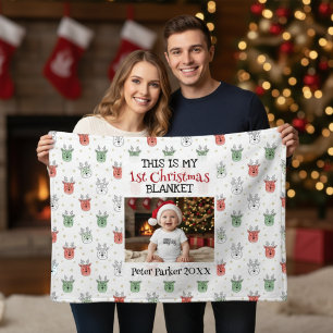 Baby’s First Christmas Custom Name Photo Reindeer Fleece Blanket